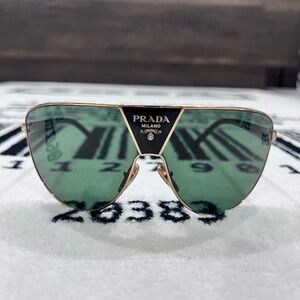 Prada 0PR 69ZS Gold Frame Green Lenses Logo Shield Wrap Mask Runway Sunglasses